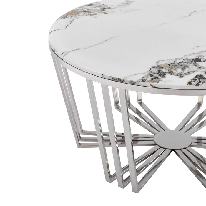 Lunar Gleam Chrome Coffee Table, Chrome and White Marble Finish