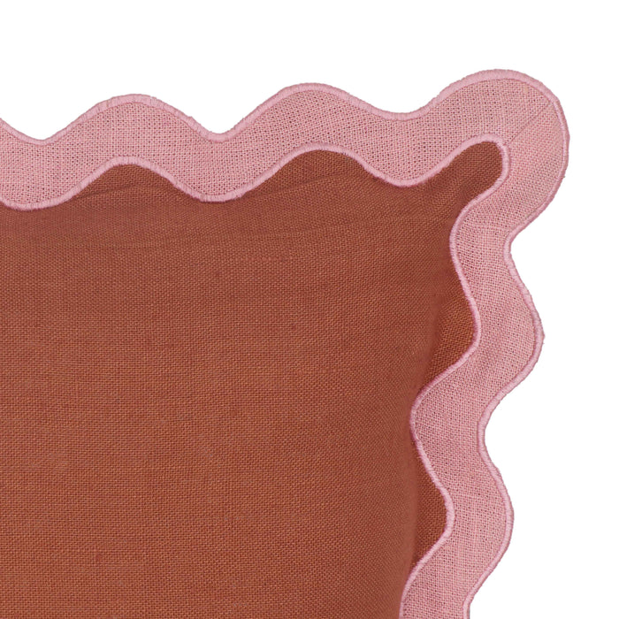 Scalloped Edge Pink and Terracotta Linen Throw Pillow