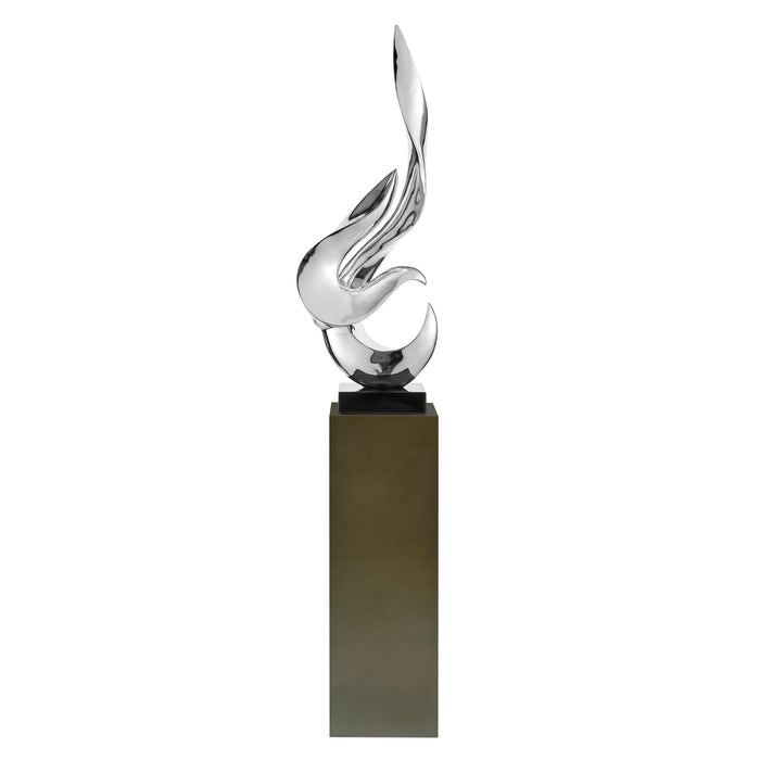 Chrome Flame Floor Sculpture With Gray Stand, 65" Tall