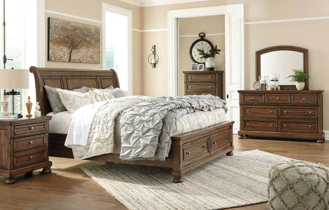 Flynnter  Sleigh Bed With 2 Storage Drawers With Mirrored Dresser, Chest And Nightstand