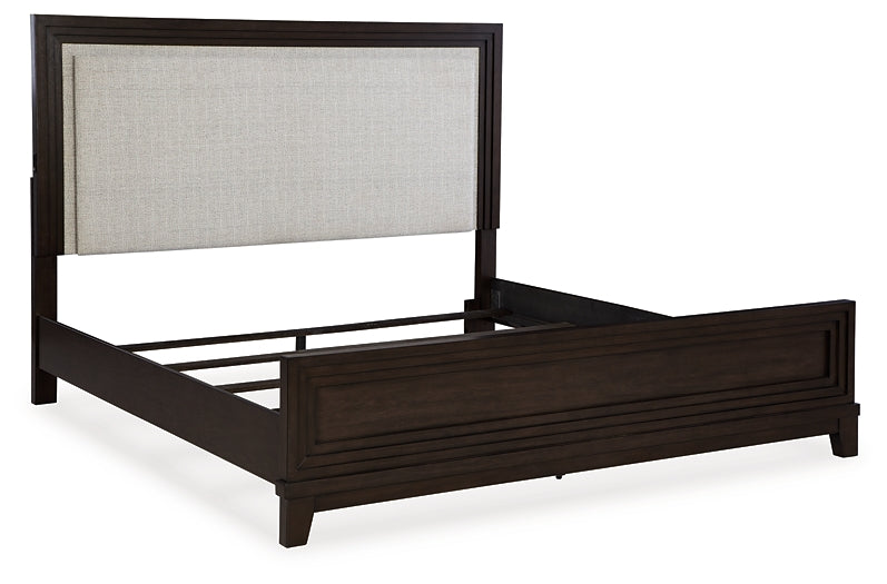 Neymorton King Upholstered Panel Bed with Mirrored Dresser and 2 Nightstands