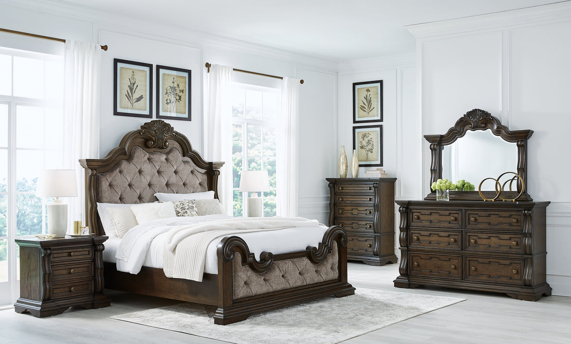 Maylee California King Upholstered Bed with Mirrored Dresser, Chest and 2 Nightstands