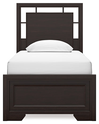 Covetown Twin Panel Bed with Mirrored Dresser, Chest and Nightstand