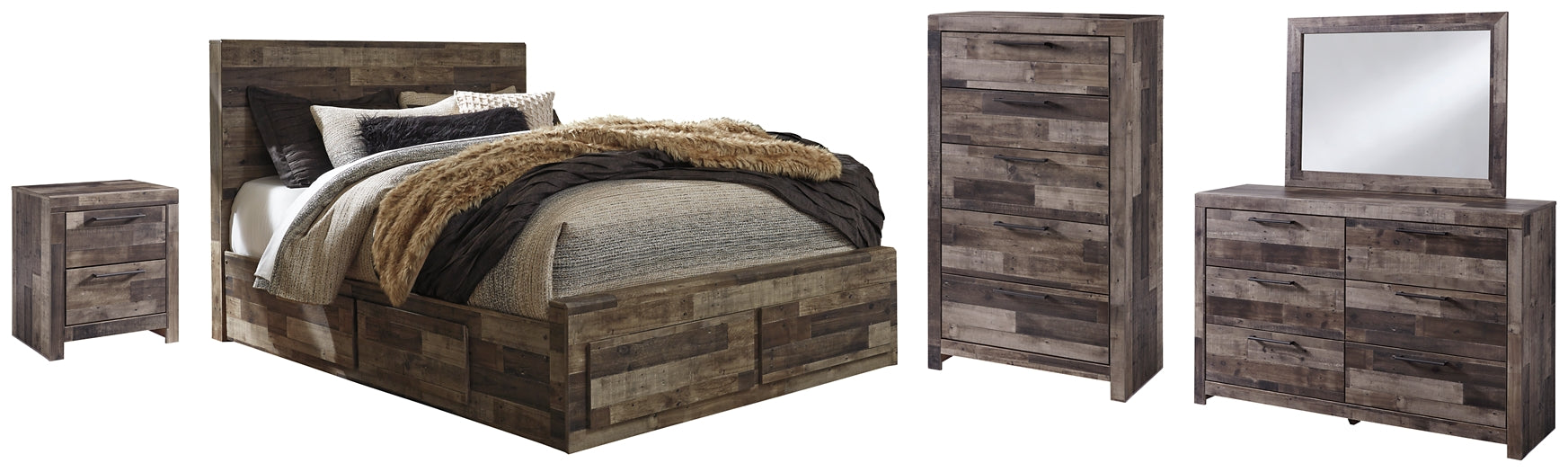 Derekson Queen Panel Bed with 6 Storage Drawers with Mirrored Dresser, Chest and Nightstand Factory Furniture Mattress & More - Online or In-Store at our Phillipsburg Location Serving Dayton, Eaton, and Greenville. Shop Now.