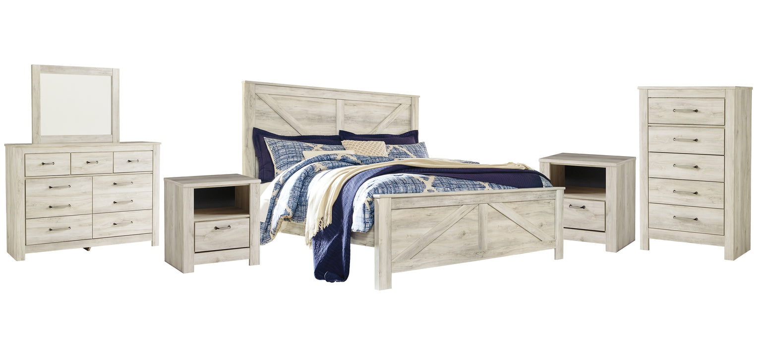 Bellaby Queen Crossbuck Panel Bed with Mirrored Dresser, Chest and 2 Nightstands Factory Furniture Mattress & More - Online or In-Store at our Phillipsburg Location Serving Dayton, Eaton, and Greenville. Shop Now.