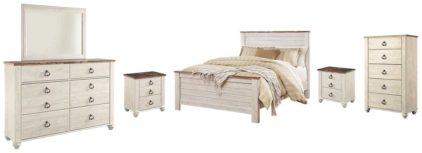 Willowton Queen Panel Bed with Mirrored Dresser, Chest and 2 Nightstands Factory Furniture Mattress & More - Online or In-Store at our Phillipsburg Location Serving Dayton, Eaton, and Greenville. Shop Now.