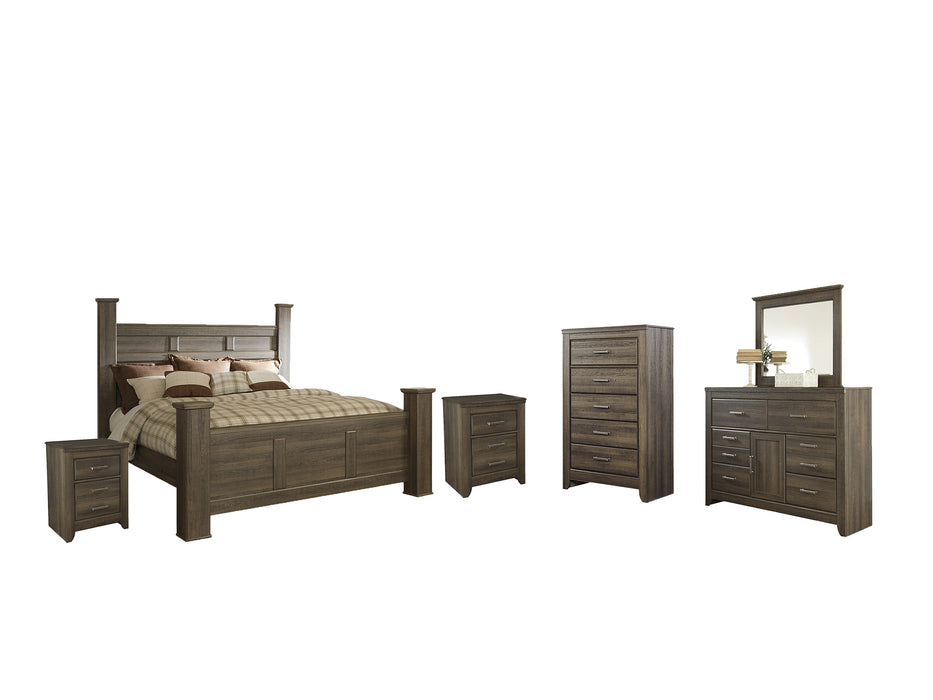 Juararo King Poster Bed with Mirrored Dresser, Chest and 2 Nightstands Factory Furniture Mattress & More - Online or In-Store at our Phillipsburg Location Serving Dayton, Eaton, and Greenville. Shop Now.