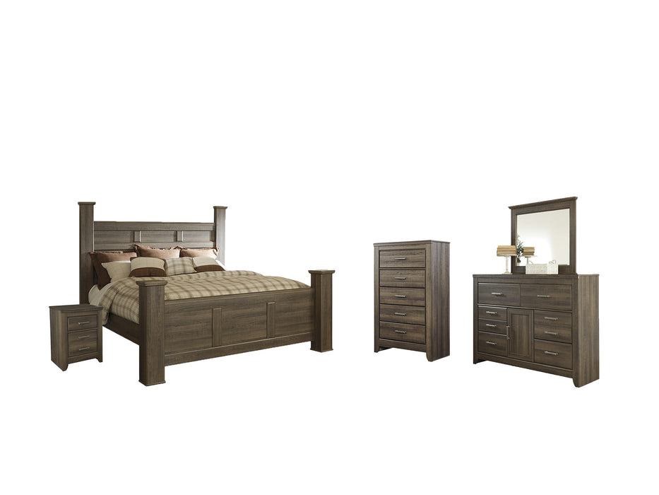 Juararo California King Poster Bed with Mirrored Dresser, Chest and Nightstand Factory Furniture Mattress & More - Online or In-Store at our Phillipsburg Location Serving Dayton, Eaton, and Greenville. Shop Now.