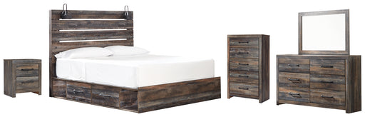 Drystan King Panel Bed with 4 Storage Drawers with Mirrored Dresser, Chest and Nightstand Factory Furniture Mattress & More - Online or In-Store at our Phillipsburg Location Serving Dayton, Eaton, and Greenville. Shop Now.