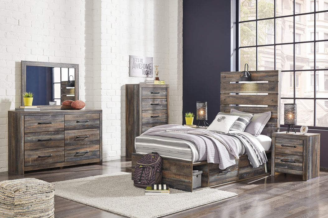 Drystan Twin Panel Bed with 4 Storage Drawers with Mirrored Dresser, Chest and 2 Nightstands Factory Furniture Mattress & More - Online or In-Store at our Phillipsburg Location Serving Dayton, Eaton, and Greenville. Shop Now.