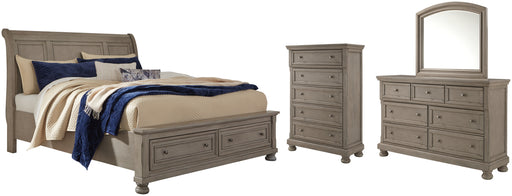 Lettner King Sleigh Bed with 2 Storage Drawers with Mirrored Dresser and Chest Factory Furniture Mattress & More - Online or In-Store at our Phillipsburg Location Serving Dayton, Eaton, and Greenville. Shop Now.