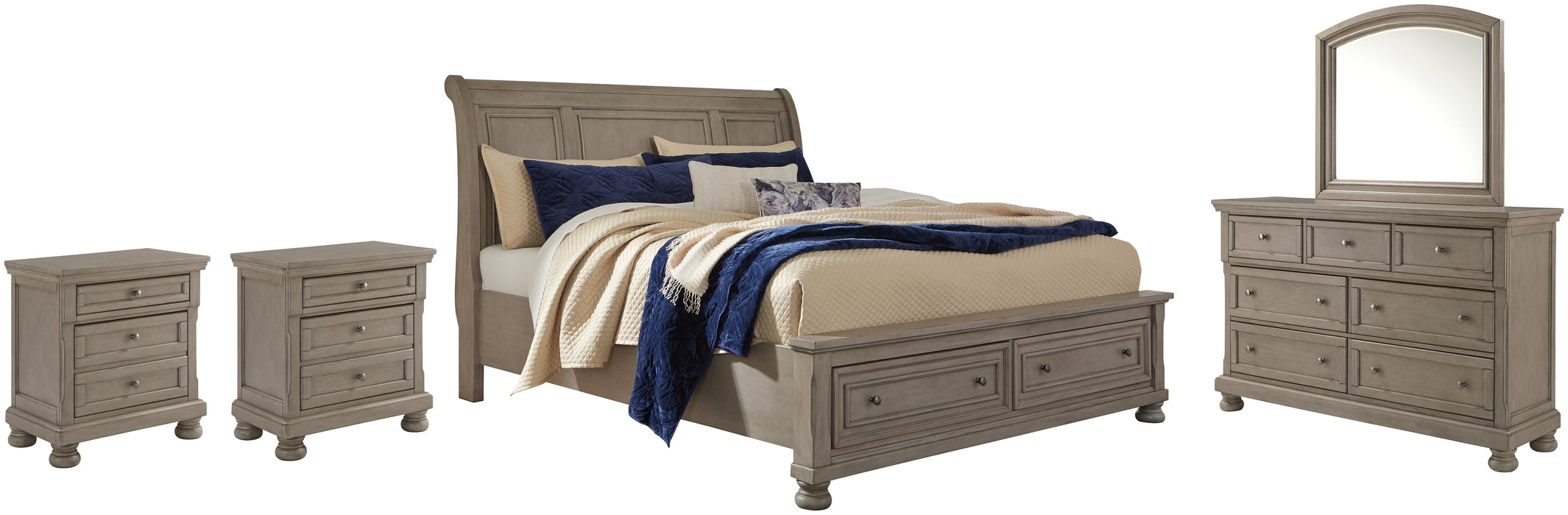 Lettner King Sleigh Bed with 2 Storage Drawers with Mirrored Dresser and 2 Nightstands Factory Furniture Mattress & More - Online or In-Store at our Phillipsburg Location Serving Dayton, Eaton, and Greenville. Shop Now.