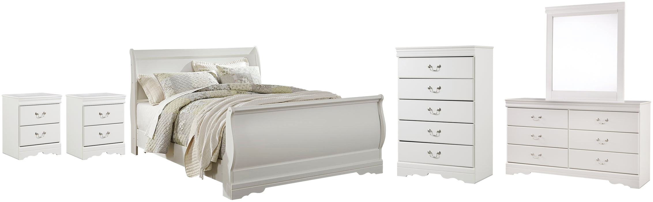 Anarasia Queen Sleigh Bed with Mirrored Dresser, Chest and 2 Nightstands Factory Furniture Mattress & More - Online or In-Store at our Phillipsburg Location Serving Dayton, Eaton, and Greenville. Shop Now.