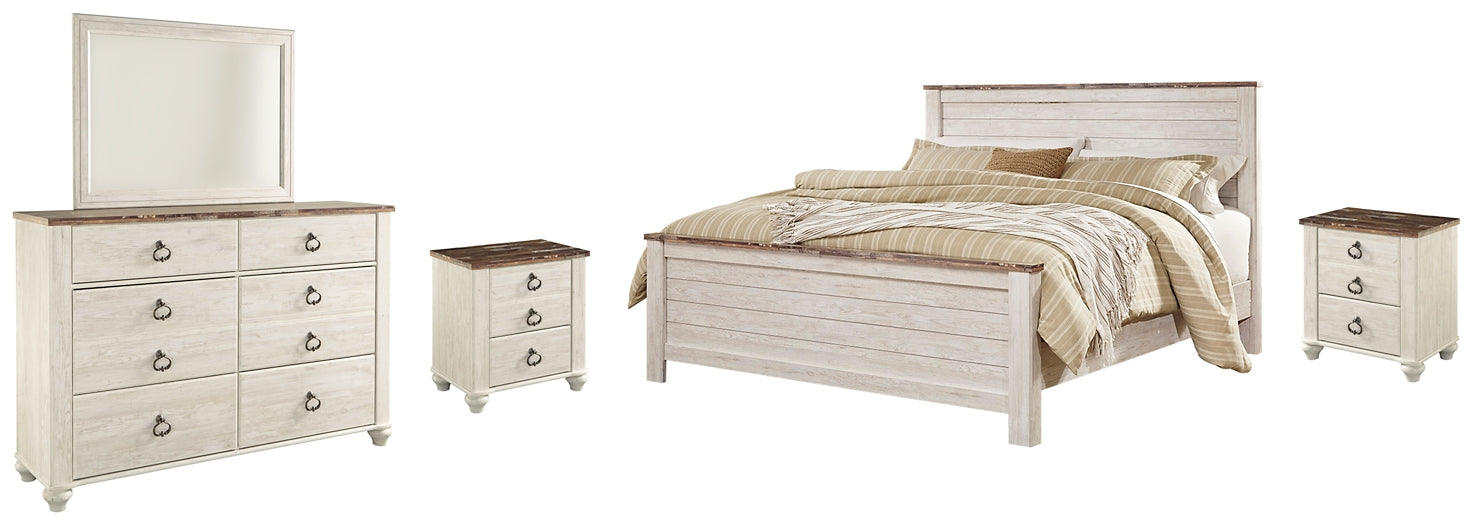 Willowton California King Panel Bed with Mirrored Dresser and 2 Nightstands Factory Furniture Mattress & More - Online or In-Store at our Phillipsburg Location Serving Dayton, Eaton, and Greenville. Shop Now.