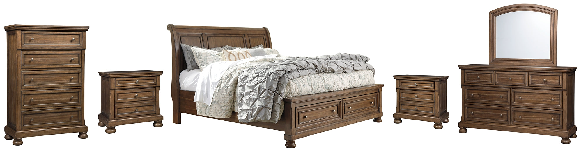 Flynnter Queen Sleigh Bed with 2 Storage Drawers with Mirrored Dresser, Chest and 2 Nightstands Factory Furniture Mattress & More - Online or In-Store at our Phillipsburg Location Serving Dayton, Eaton, and Greenville. Shop Now.