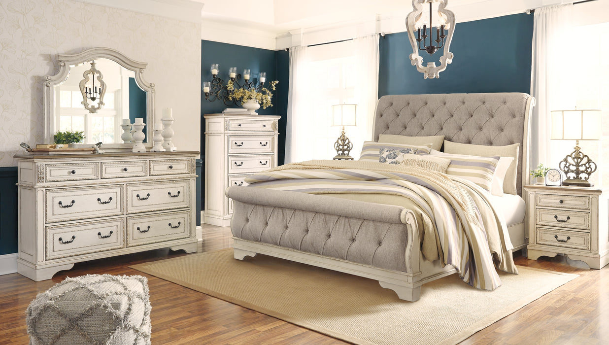 Realyn California King Sleigh Bed with Mirrored Dresser, Chest and 2 Nightstands Factory Furniture Mattress & More - Online or In-Store at our Phillipsburg Location Serving Dayton, Eaton, and Greenville. Shop Now.