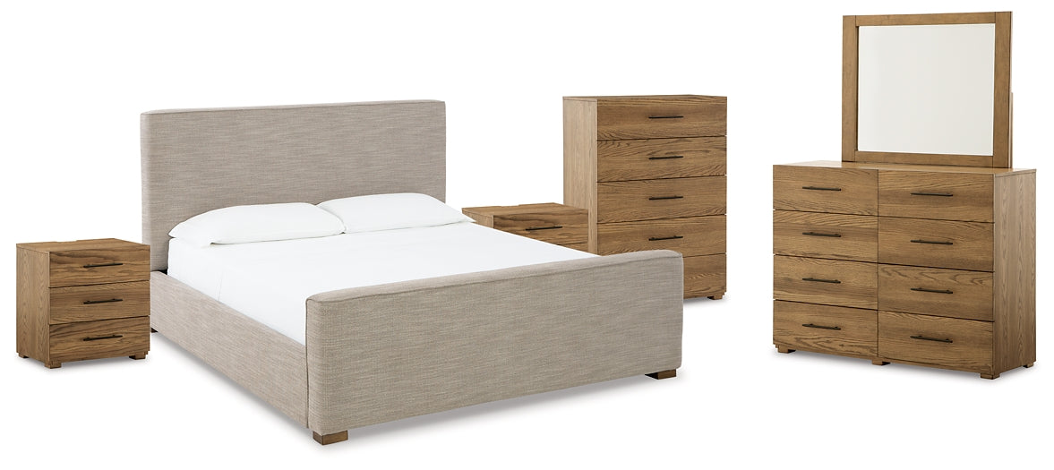 Dakmore Queen Upholstered Bed with Mirrored Dresser, Chest and 2 Nightstands Factory Furniture Mattress & More - Online or In-Store at our Phillipsburg Location Serving Dayton, Eaton, and Greenville. Shop Now.