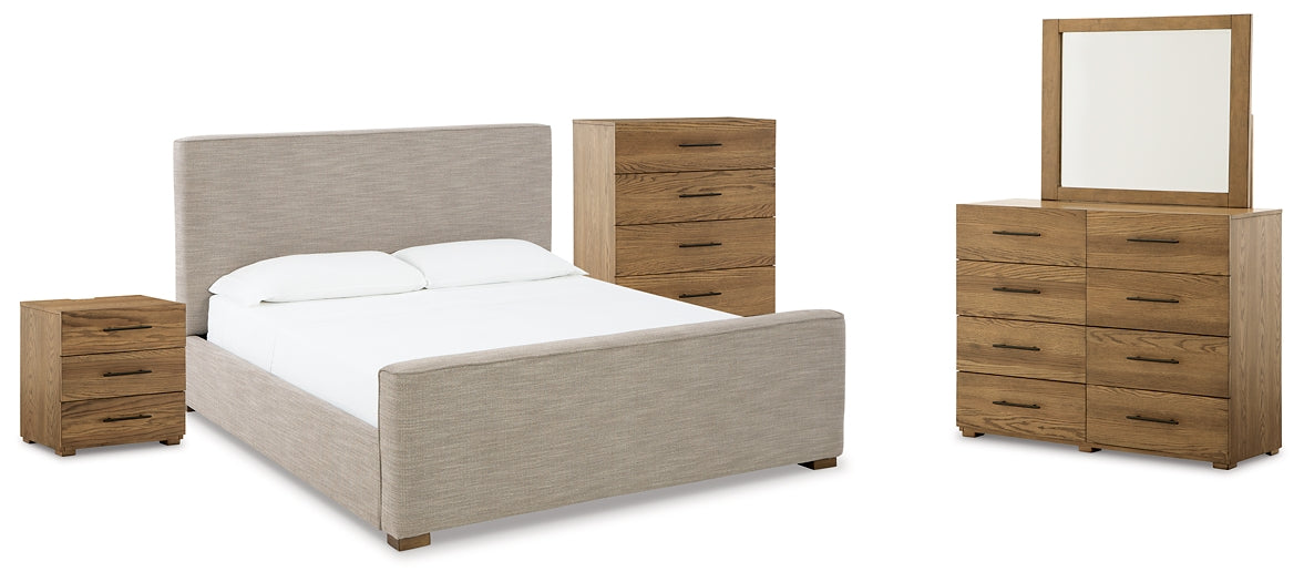 Dakmore California King Upholstered Bed with Mirrored Dresser, Chest and Nightstand Factory Furniture Mattress & More - Online or In-Store at our Phillipsburg Location Serving Dayton, Eaton, and Greenville. Shop Now.