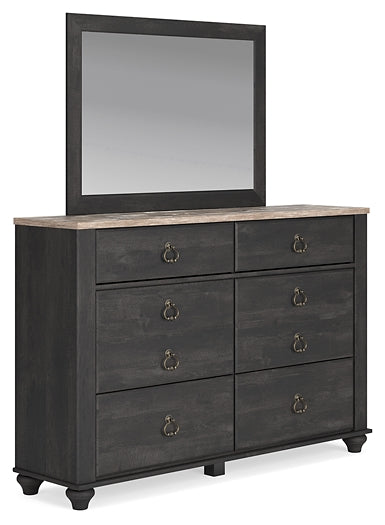 Nanforth King/California King Panel Headboard with Mirrored Dresser and Nightstand